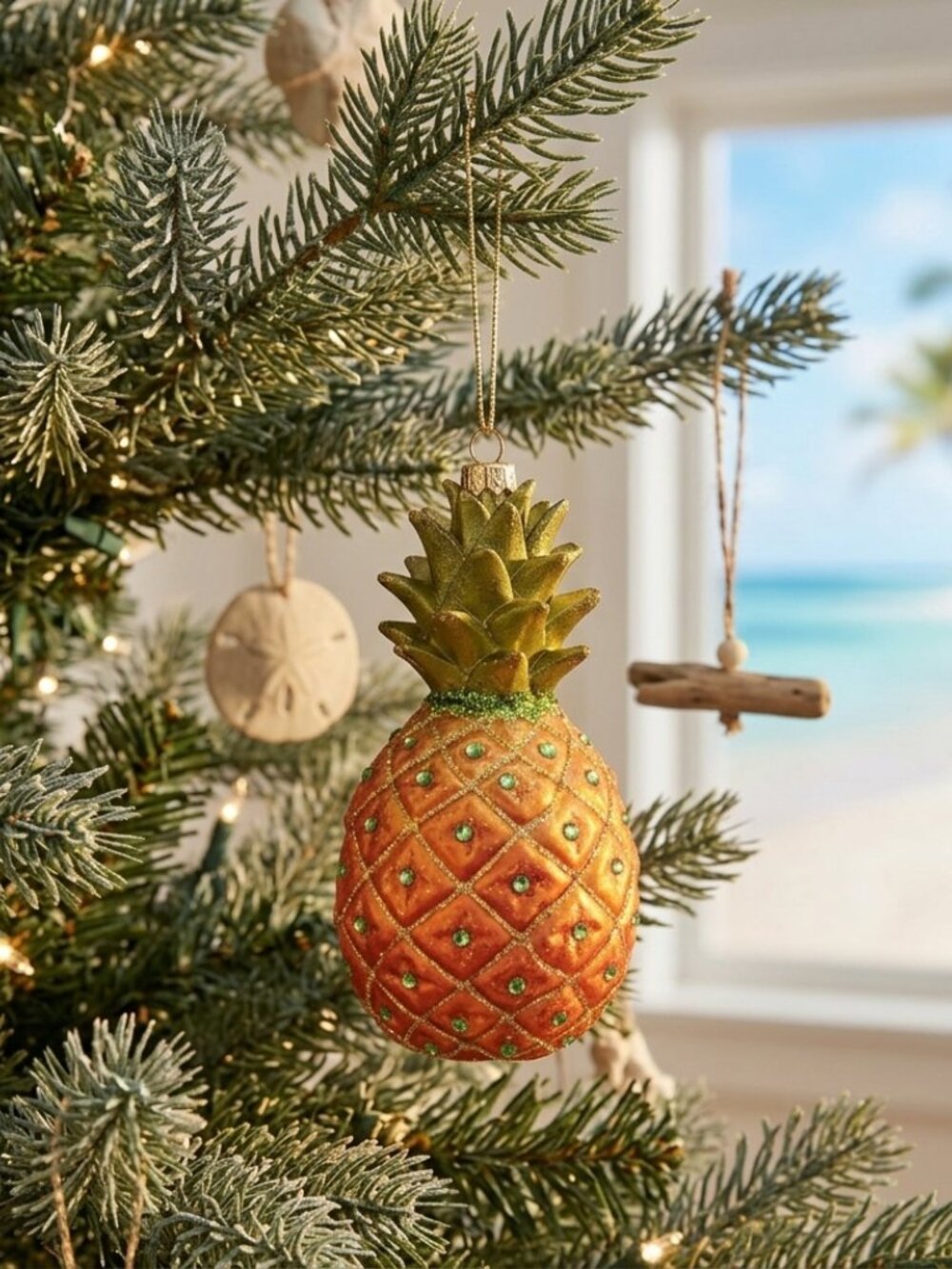 Tropical Jeweled Pineapple Glass Ornament - Coastal Christmas Tree Decoration